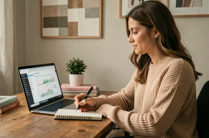 Femme prenant des notes sur des recherches en santé sexuelle féminine devant un ordinateur portable