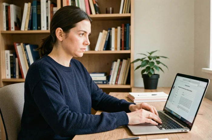 Femme rédigeant une pétition en ligne sur son ordinateur portable dans un bureau à domicile