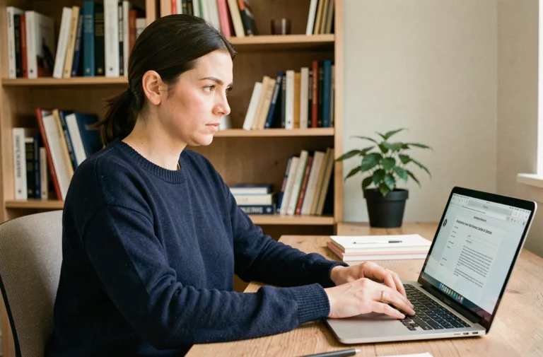 Femme rédigeant une pétition en ligne sur son ordinateur portable dans un bureau à domicile