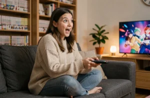 Jeune femme enthousiaste regardant une série ou un anime depuis son canapé, entourée de mangas et d'un décor cosy