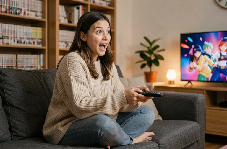 Jeune femme enthousiaste regardant une série ou un anime depuis son canapé, entourée de mangas et d'un décor cosy