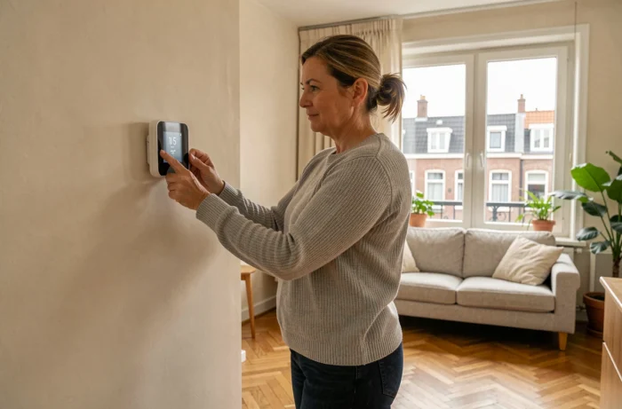 Femme réglant un thermostat connecté dans un salon bruxellois pour optimiser son système de chauffage