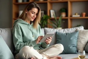 Femme consultant des ressources de santé en ligne sur une tablette depuis son salon, ambiance détendue et moderne