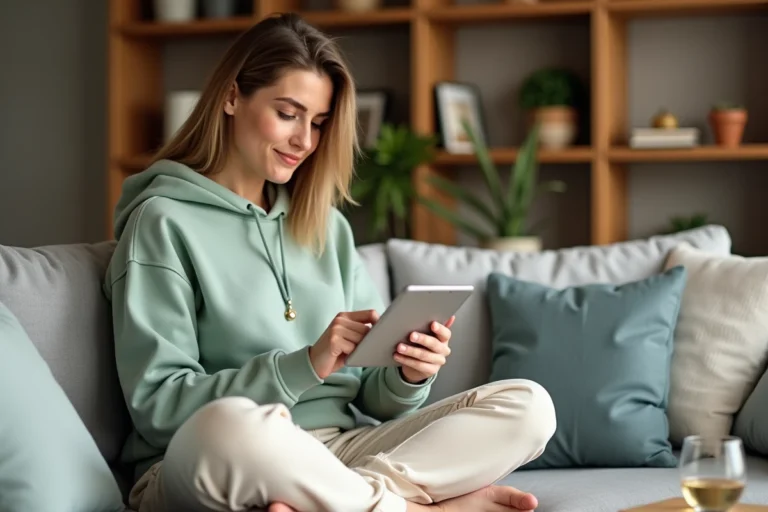 Femme consultant des ressources de santé en ligne sur une tablette depuis son salon, ambiance détendue et moderne