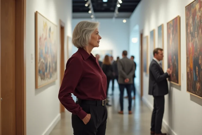 Femme senior élégante dans une galerie d'art contemporaine, représentant le profil exigeant des rencontres seniors haut de gamme