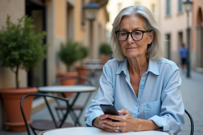 Femme d'âge mûr utilisant un smartphone pour consulter des informations médicales en ligne depuis une terrasse de café