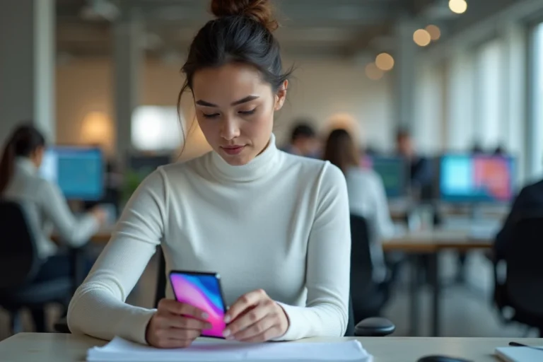 Femme utilisant un smartphone pliable dans un espace de travail tech moderne en 2024