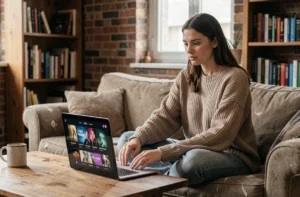 Jeune femme regardant un film en français en streaming gratuit sur un ordinateur portable depuis son canapé