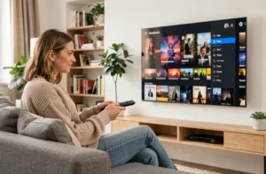 Femme regardant un service de streaming de séries sur sa télévision dans un salon moderne et confortable
