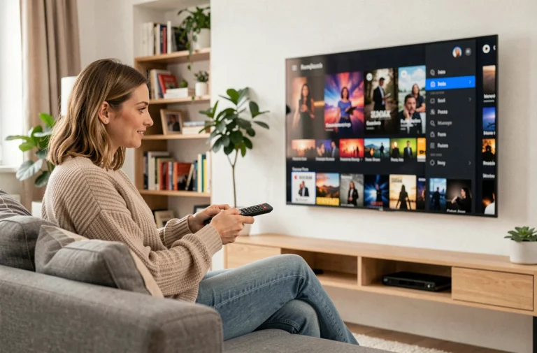 Femme regardant un service de streaming de séries sur sa télévision dans un salon moderne et confortable