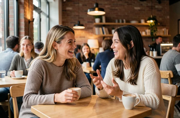 Deux femmes discutant ouvertement de bien-être et de sexualité féminine dans un café moderne