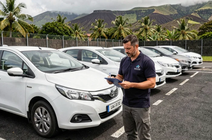 Coordinateur logistique inspectant une flotte de voitures hybrides blanches dans un dépôt d'entreprise à La Réunion
