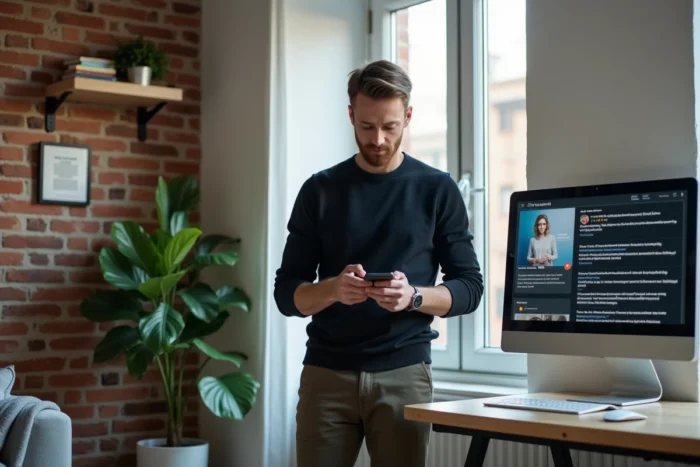 Travailleur indépendant consultant les actualités entrepreneuriales sur son smartphone dans un bureau à domicile minimaliste avec briques apparentes