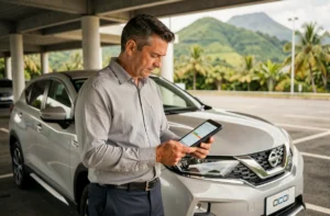 Responsable de flotte automobile professionnel examinant des données sur tablette devant un SUV hybride dans un parking d'entreprise à La Réunion