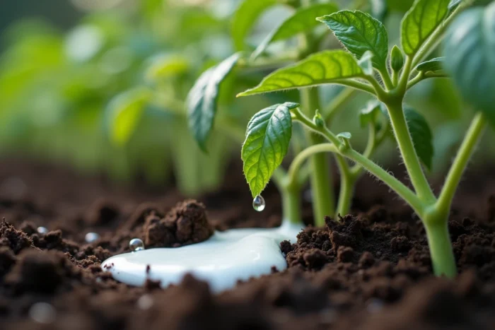 Gros plan sur des feuilles de tomates avec des gouttes de lait sur le feuillage et le sol