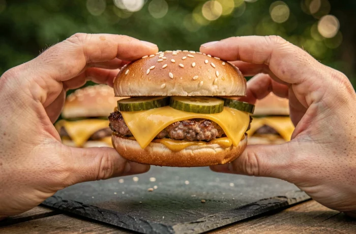 Gros plan d'un mini hamburger apéro tenu à la main au-dessus d'un plateau ardoise lors d'un apéritif en jardin
