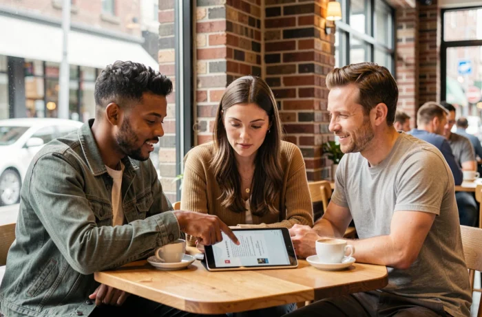 Groupe de personnes consultant une pétition en ligne sur une tablette dans un café