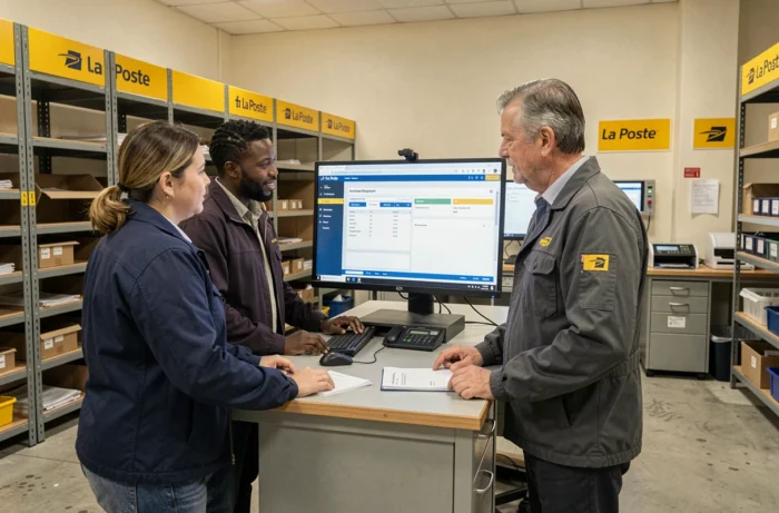 Groupe d'employés de La Poste consultant ensemble le portail GTA extranet dans un bureau administratif