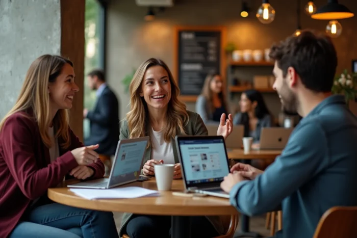 Groupe de trois entrepreneurs indépendants échangeant autour d'un ordinateur portable dans un café urbain, illustrant la communauté en ligne des vrais indépendants