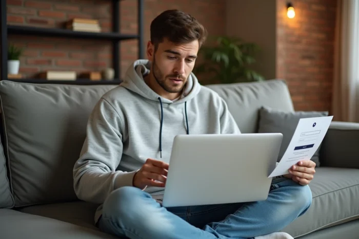 Jeune homme suivant un guide débutant pour se connecter à Alis BNP Paribas depuis son salon avec un ordinateur portable