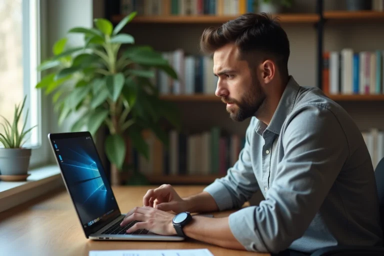 Homme frustré devant un ordinateur portable avec une application qui ne répond plus au bureau