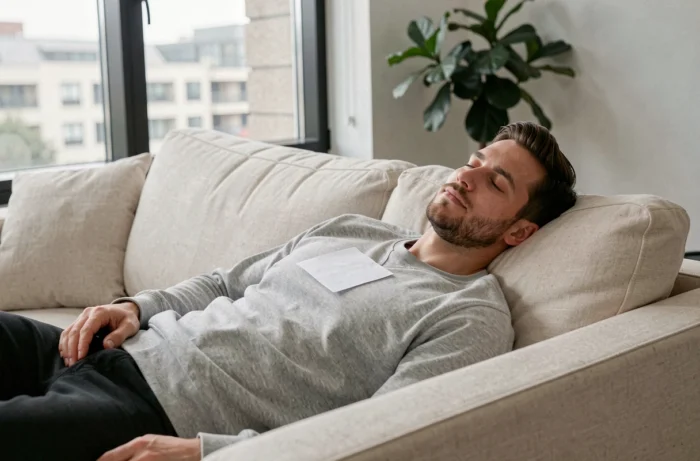 Homme allongé sur un canapé tenant un message lui accordant une heure de repos total