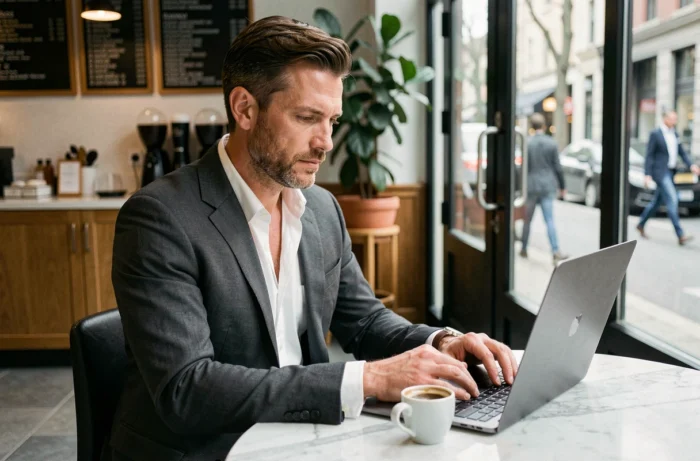Homme d'affaires en costume charbon travaillant sur ordinateur portable dans un café urbain élégant