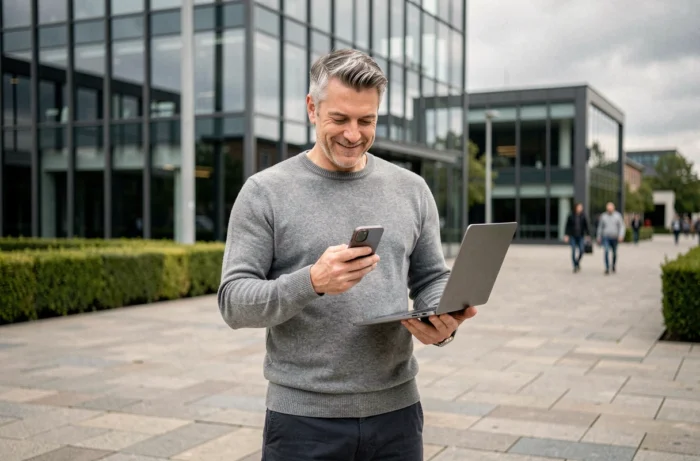 Homme d'affaires gérant sa visibilité en ligne avec smartphone et laptop devant un immeuble moderne