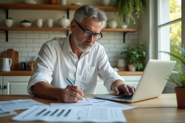 Un homme comparant des offres de prêt immobilier sur son ordinateur à la maison