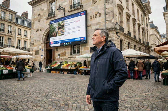 Homme consultant un écran d'actualité régionale sur une place de marché française