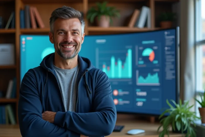 Homme face à un écran ultrawide affichant des interfaces d'intelligence artificielle dans un bureau à domicile