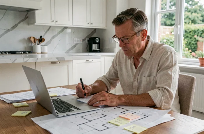 Homme étudiant des plans immobiliers et des documents financiers à la table de sa cuisine
