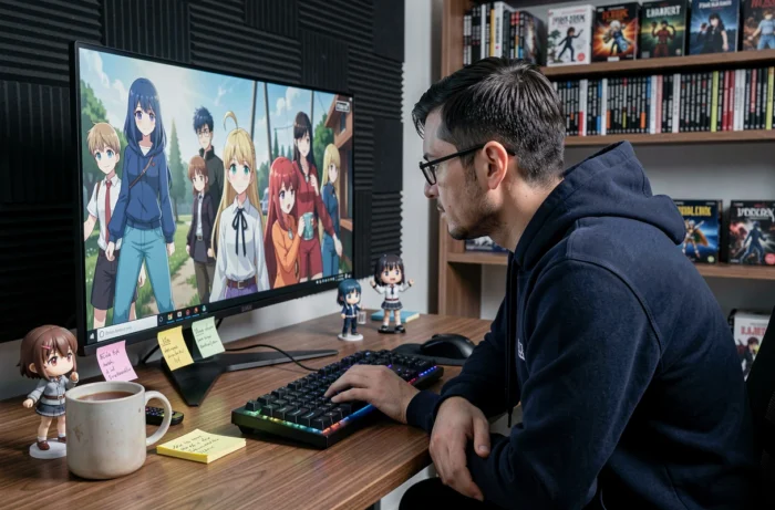 Homme passionné d'anime travaillant sur un setup PC avec des figurines et une scène animée affichée sur grand écran