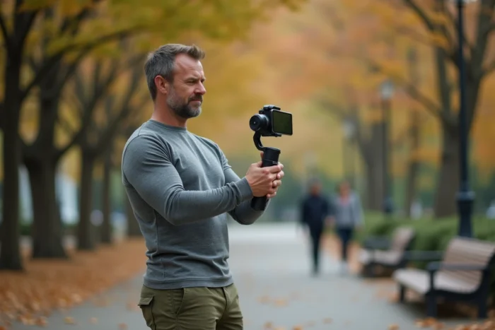 Homme filmant avec un gimbal smartphone dans un parc urbain en automne, illustrant les nouvelles tendances loisirs technologiques 2024