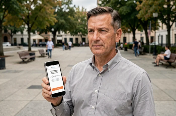 Homme tenant un smartphone avec une page de pétition en ligne dans un espace public