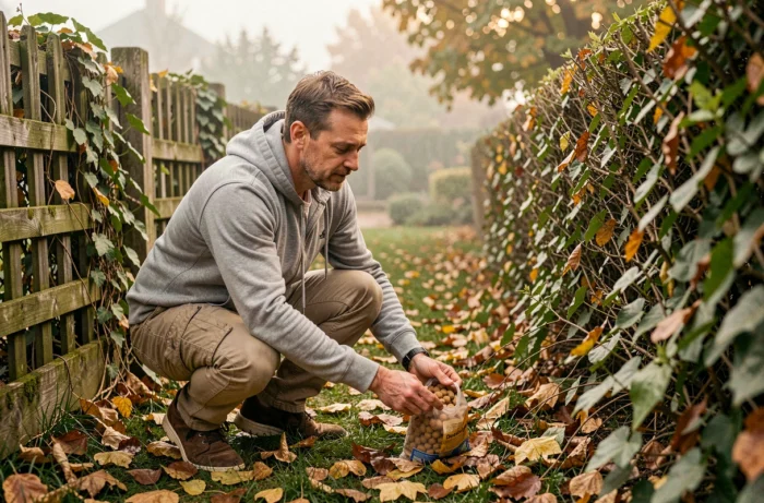 Homme cherchant son chat perdu dans un jardin en automne avec des friandises
