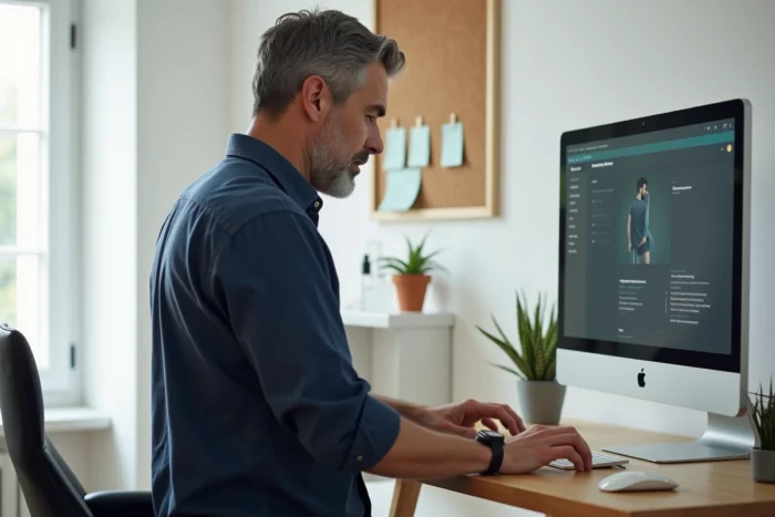 Homme consultant un site web de santé depuis un bureau debout à domicile, environnement de travail organisé