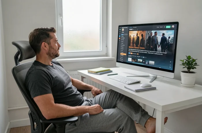 Homme regardant un film en streaming gratuit en français sur un grand écran d'ordinateur dans un bureau à domicile