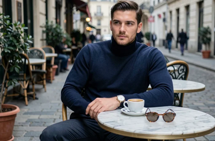 Homme stylé avec montre vintage et lunettes de soleil attablé en terrasse de café parisien