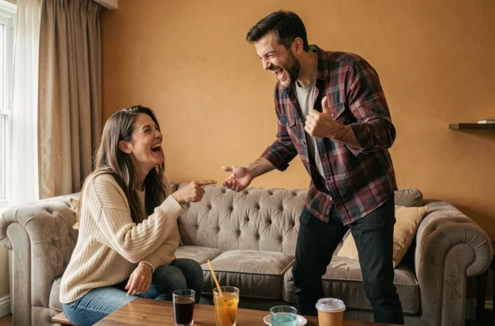 Homme imitant de façon comique la personne assise à sa gauche lors d'un jeu de cocotte en papier