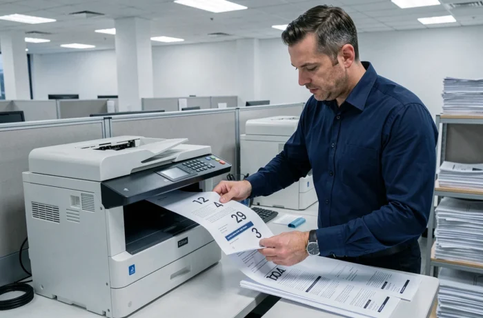 Homme alignant des feuilles imprimées depuis un PDF multipage sur une imprimante laser de bureau