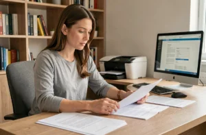 Femme organisant des pages PDF imprimées sur plusieurs feuilles à son bureau à domicile