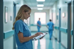 Infirmière examinant des données cliniques sur une tablette numérique dans un couloir d'hôpital moderne, illustrant l'innovation en pratique soignante
