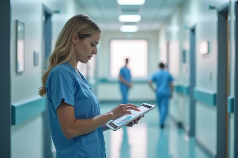 Infirmière examinant des données cliniques sur une tablette numérique dans un couloir d'hôpital moderne, illustrant l'innovation en pratique soignante