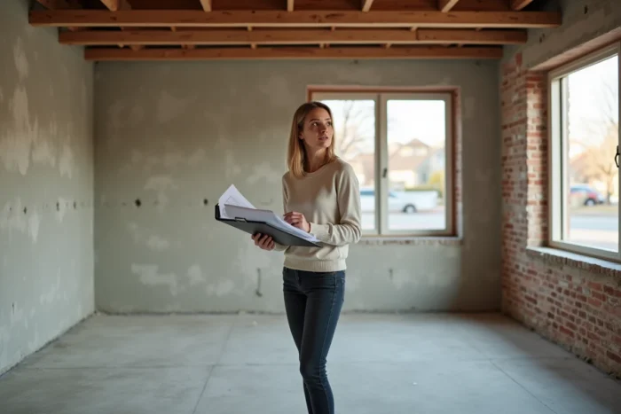 Une femme inspectant une maison en rénovation lors d'un projet immobilier