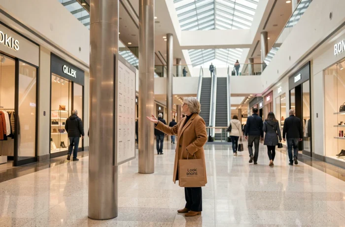 Intérieur du centre commercial Tour Montparnasse avec galerie marchande et escalators sur plusieurs niveaux