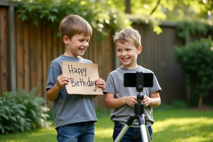 Deux enfants filmant une interview vidéo dans un jardin avec un smartphone sur trépied pour un diaporama d'anniversaire
