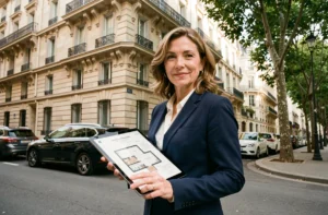 Femme investisseur immobilier devant un immeuble haussmannien à Paris tenant une tablette avec des plans d'appartement