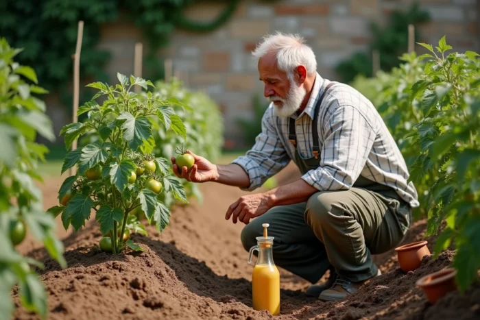 Jardinier examinant ses plants de tomates avec une bouteille de lait réutilisée comme outil d'arrosage