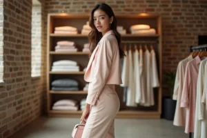 Jeune femme fashionista portant un ensemble coordonné FB Sister dans une boutique tendance à Paris